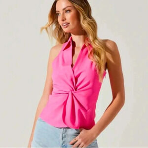 ASTR The Label Twist Front Collared Top Size Small Hot Pink
